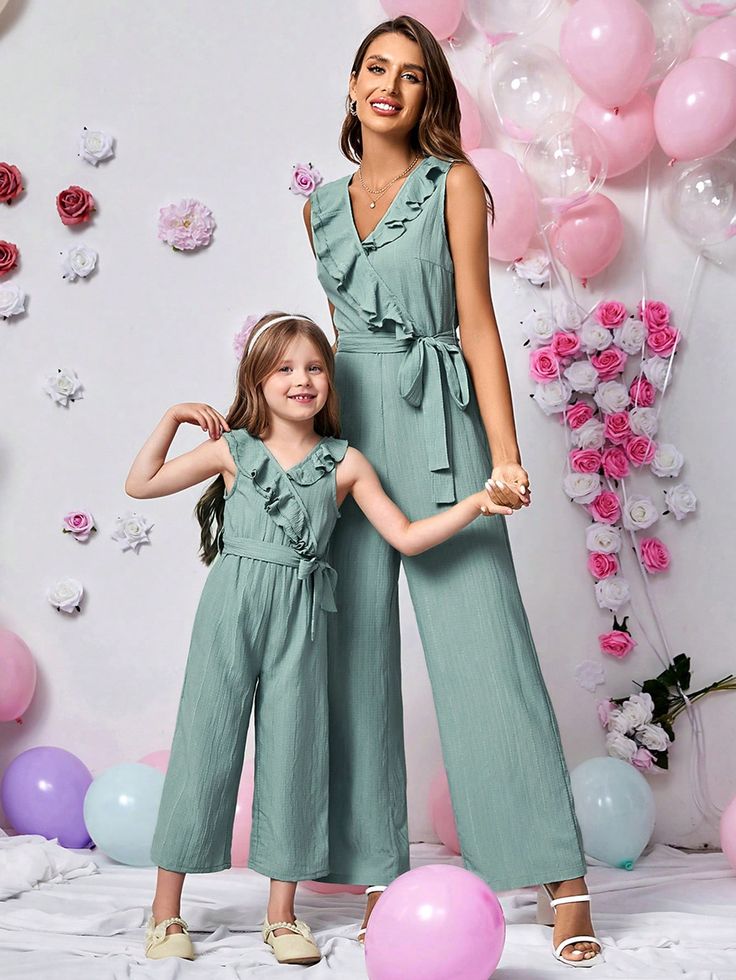 Young Girl's Crossed Halter Neckline Wave Ruffle Decor Jumpsuit With Removable Waist Belt